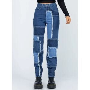 The Ragged Priest High Waisted Multi Blue Patchwork Denim Mom Jeans Size 28